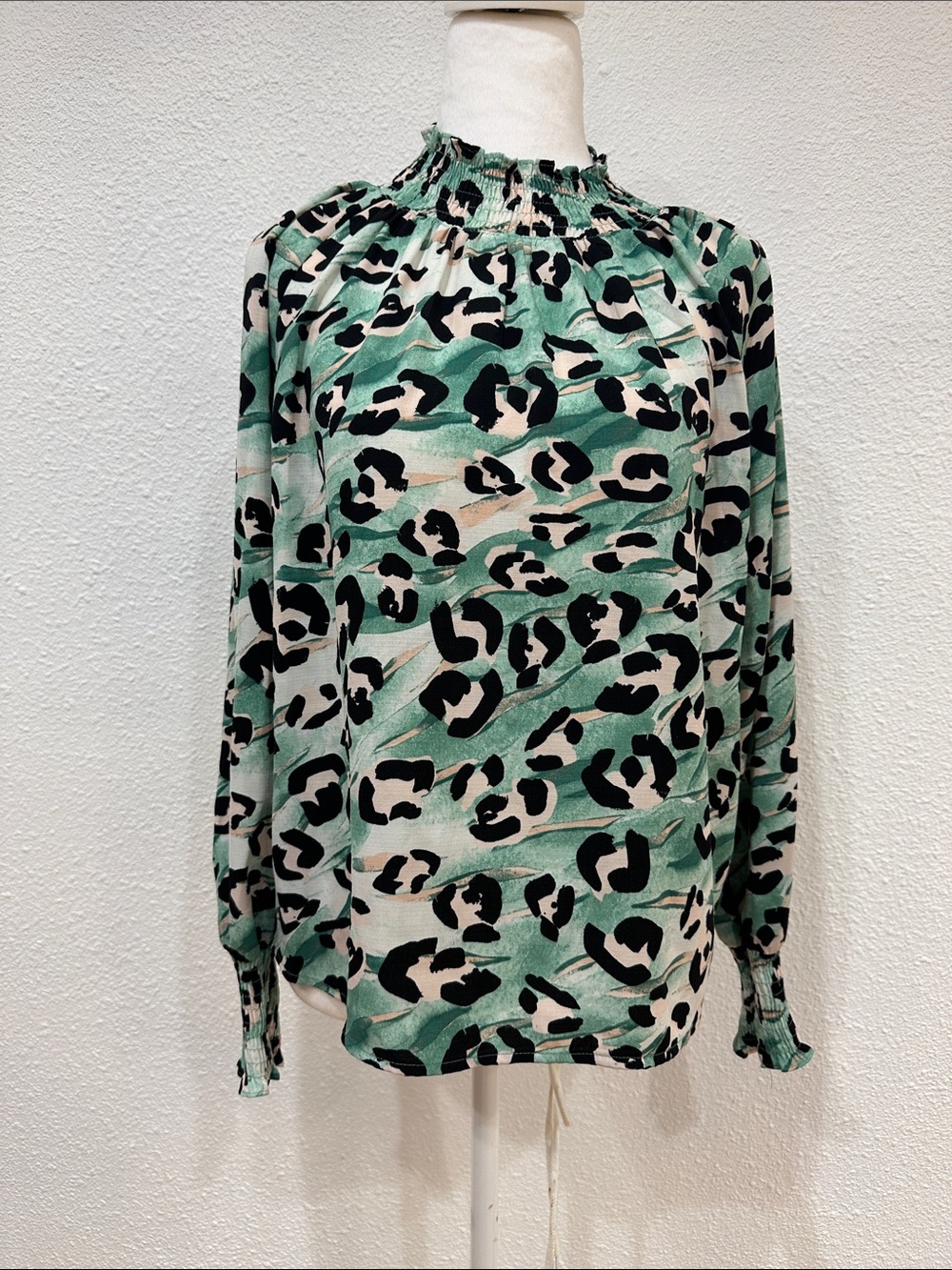 Nine West Green Leopard-Print Smocked-Neck Blouse